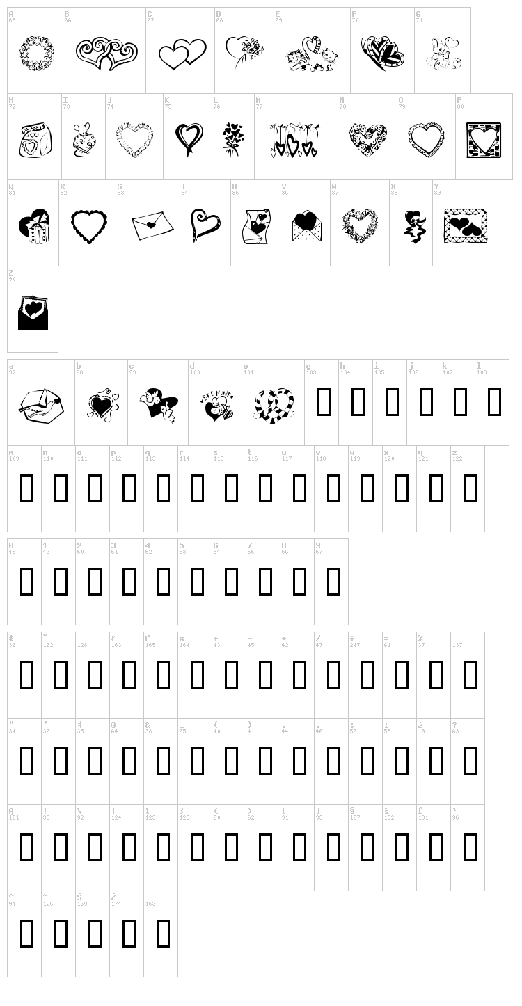 KR Kat's Got A New Valentine font map